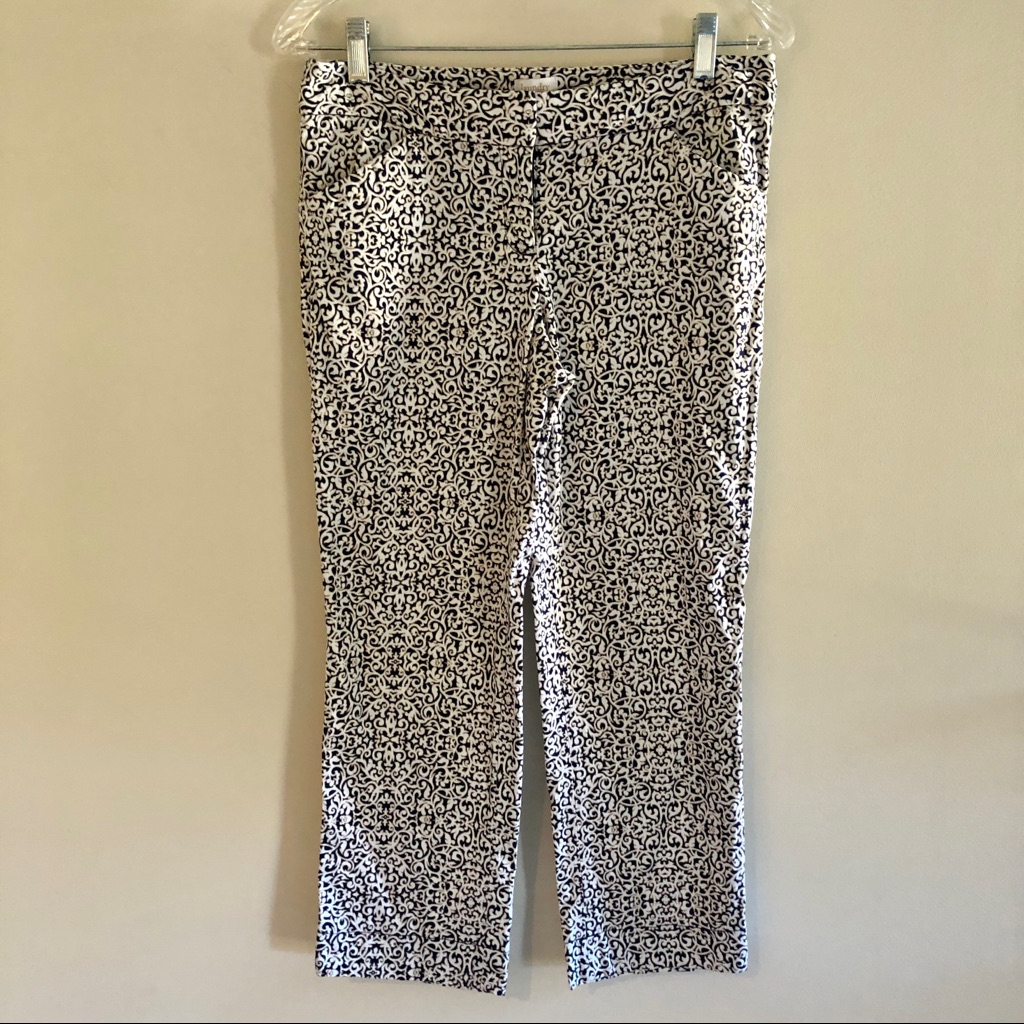 Laundry By Shelli Segal White And Navy Damask Print Cropped Wide Leg Dre